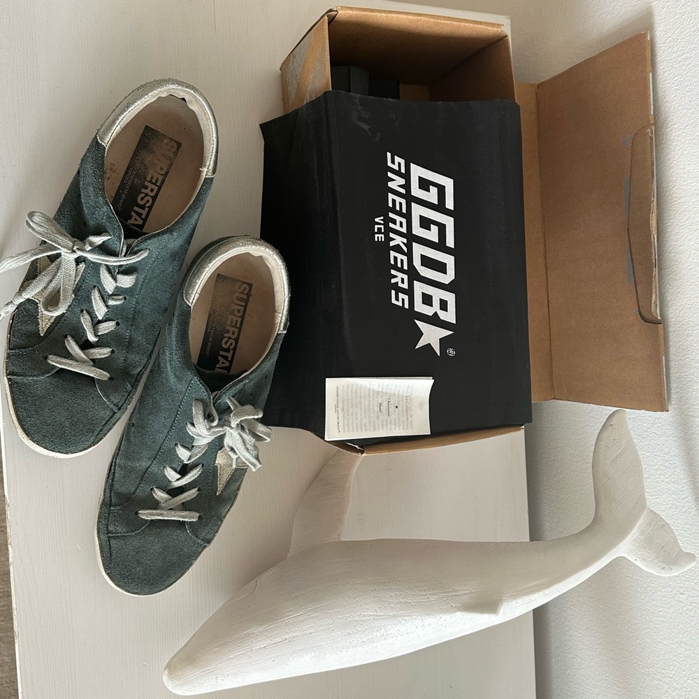 Golden Goose Blue-Green Sneakers with White Laces and Soles